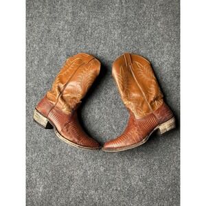 Mens Leather Nocona Brown Lizard Print Cowboy Boots 29060 USA 1970s, Size 9.5E